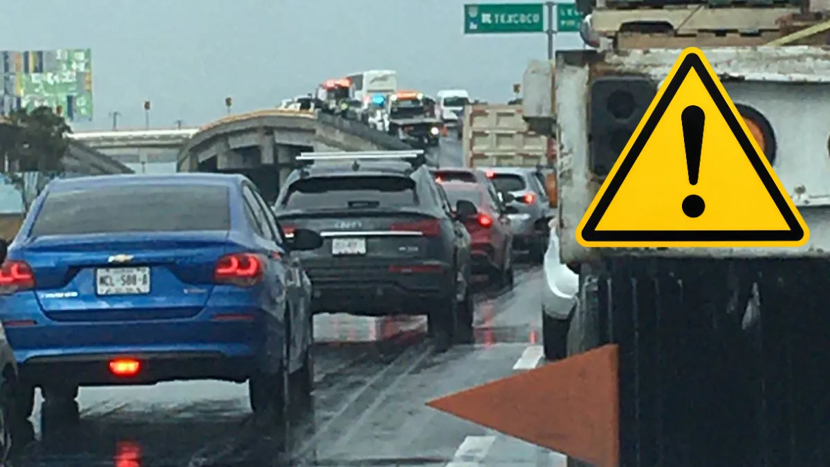 Un accidente en la Peñón-Texcoco este 17 de marzo provoca tráfico intenso tras derrape por lluvia; la circulación avanza a vuelta de rueda. FOTO: Arturo Galicia