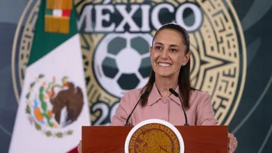 La presidenta Claudia Sheinbaum durante la Mañanera del Pueblo hablando sobre el Mundial 2026.