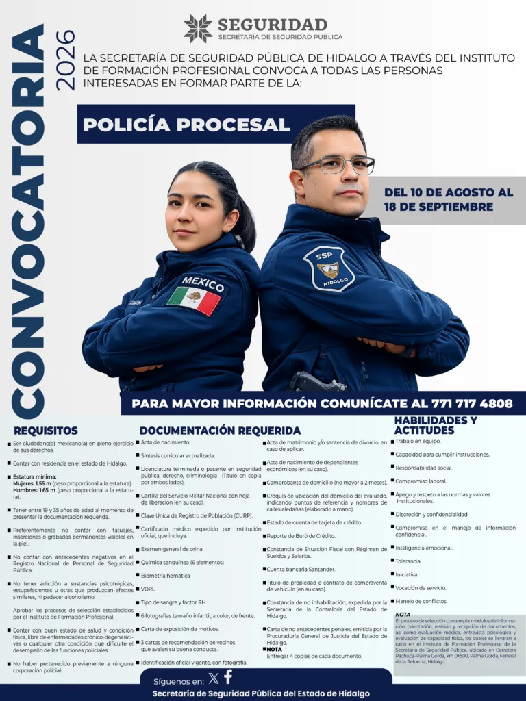 ¡Oportunidad de empleo en seguridad! SSPH abre vacantes para laborar en penales y juzgados de Hidalgo