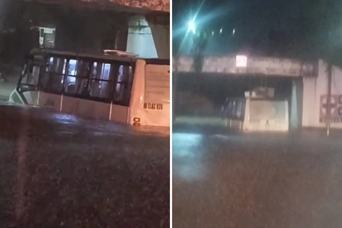 Autobús queda atrapado por inundación en la zona de Cruz Azul