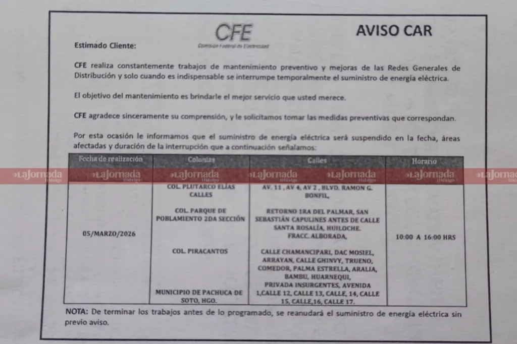 Atención Pachuca: habrá cortes de luz este 5 de marzo