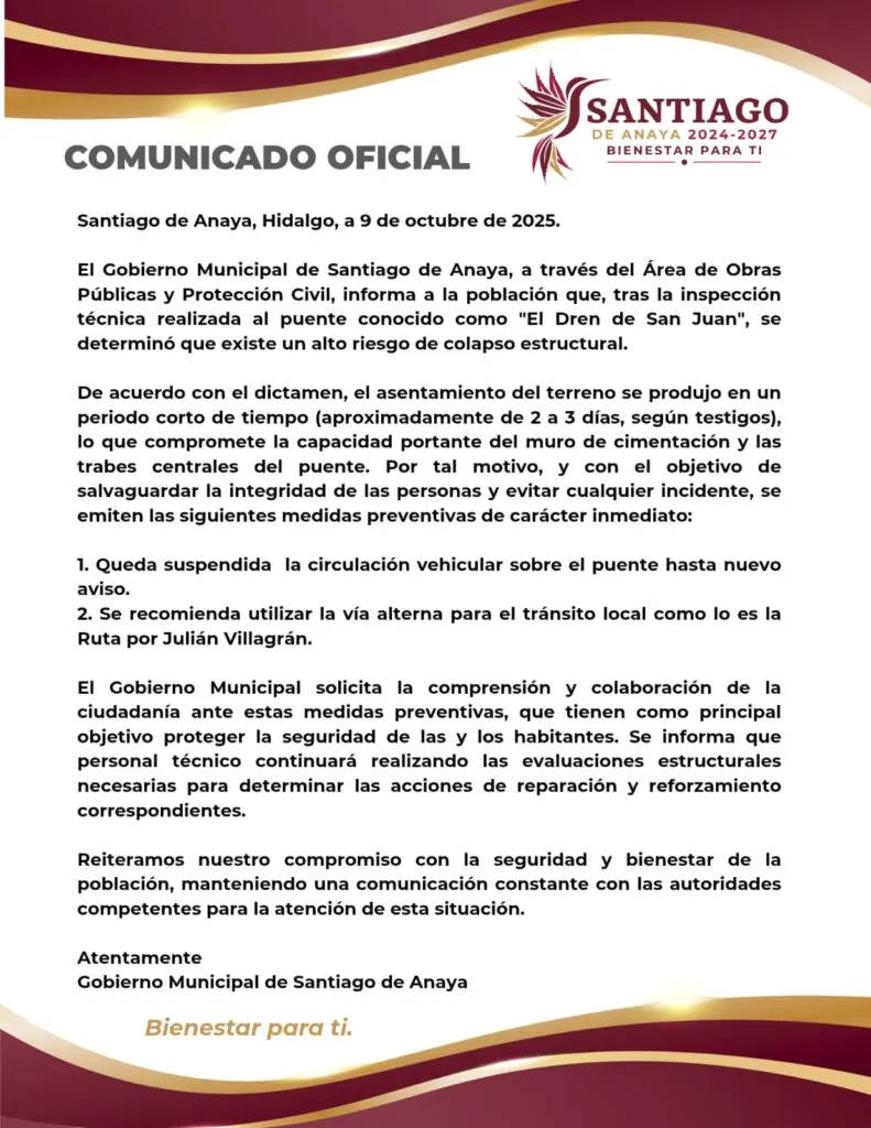 Santiago de Anaya suspende circulación por riesgo estructural en puente
