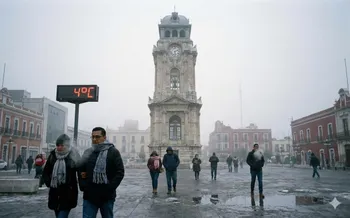 Recreación del Reloj Monumental de Pachuca bajo cielo nublado y ambiente gélido de 4 grados. (Imagen generada con IA)