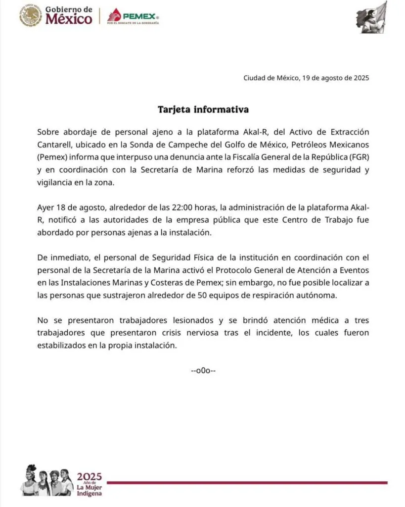 Pemex denuncia asalto en plataforma de Campeche