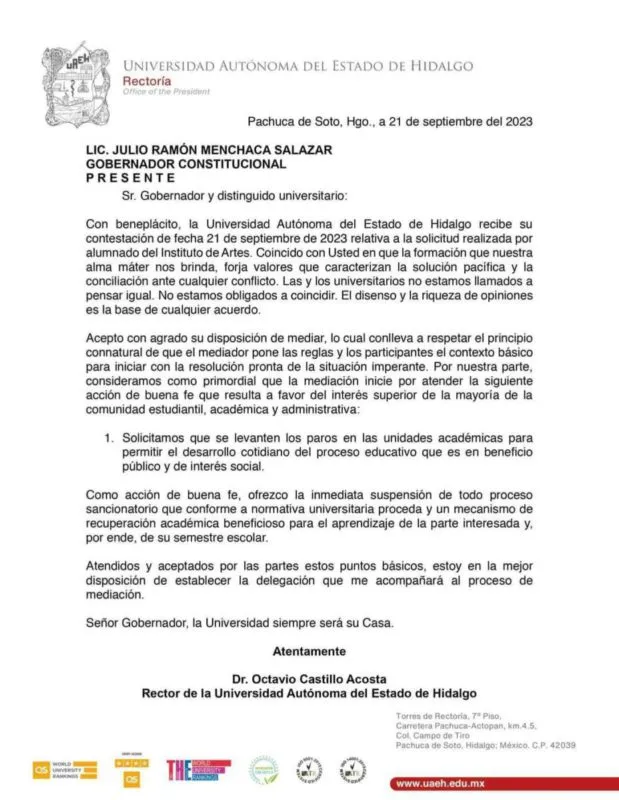 Rector de la UAEH responde al gobernador: pide levantar paros para no sancionar