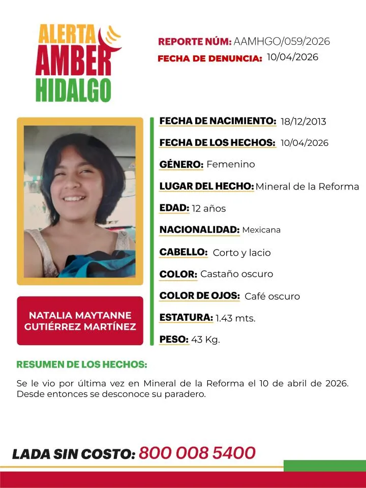 Alerta Amber: Se busca a Natalia Maytanne Gutiérrez Martínez, de 12 años en Mineral de la Reforma