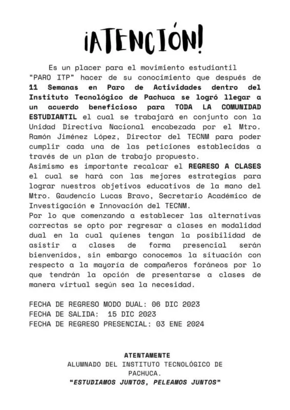 Tec de Pachuca: anuncian fin de paro y regreso a clases