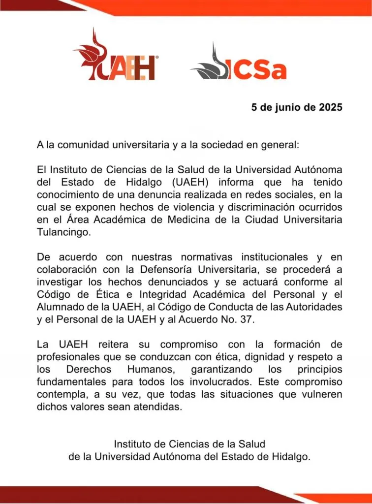 Denuncian violencia y discriminación en carrera de medicina de la UAEH en Tulancingo; defensoría universitaria interviene