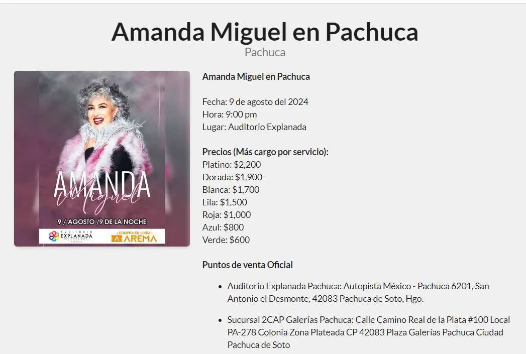Amanda Miguel en Pachuca: precio de boletos y dónde comprarlos