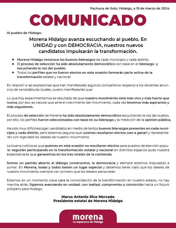 Elecciones Hidalgo: asegura Morena Hidalgo que inconformidades son por crecimiento del partido