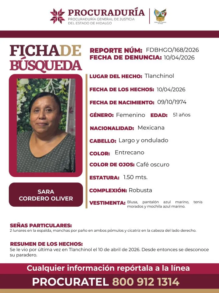 ¡Ayuda a localizarla!: Se busca a Sara Cordero Oliver de 51 años, desapareció en Tlanchinol, Hidalgo