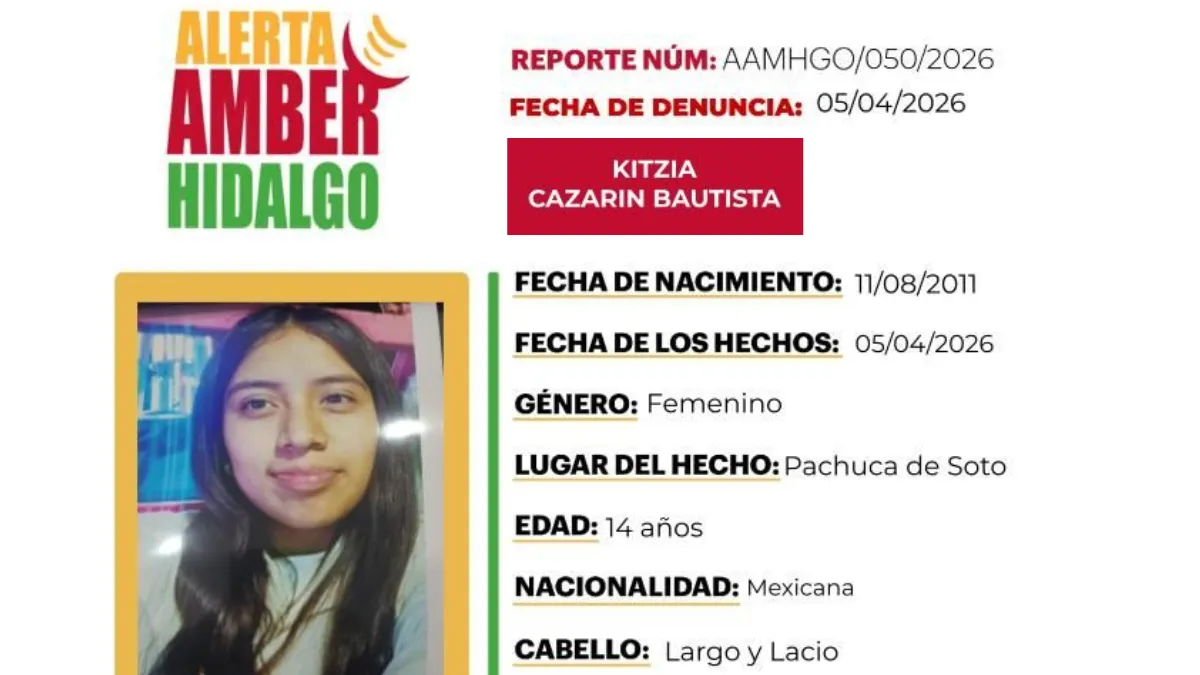 Emiten Alerta Amber para localizar a Kitzia Cazarín Bautista de 14 años de edad.
