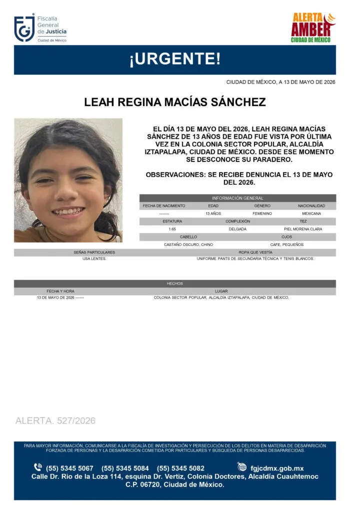 Alerta Amber: Se busca a Leah Regina Macías Sánchez, desapareció en Iztapalapa, CDMX