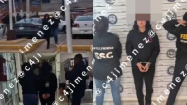 Momento en que Ericka “N”, jefa de banda de ladrones de autobuses, es detenida en un operativo en la México-Puebla.