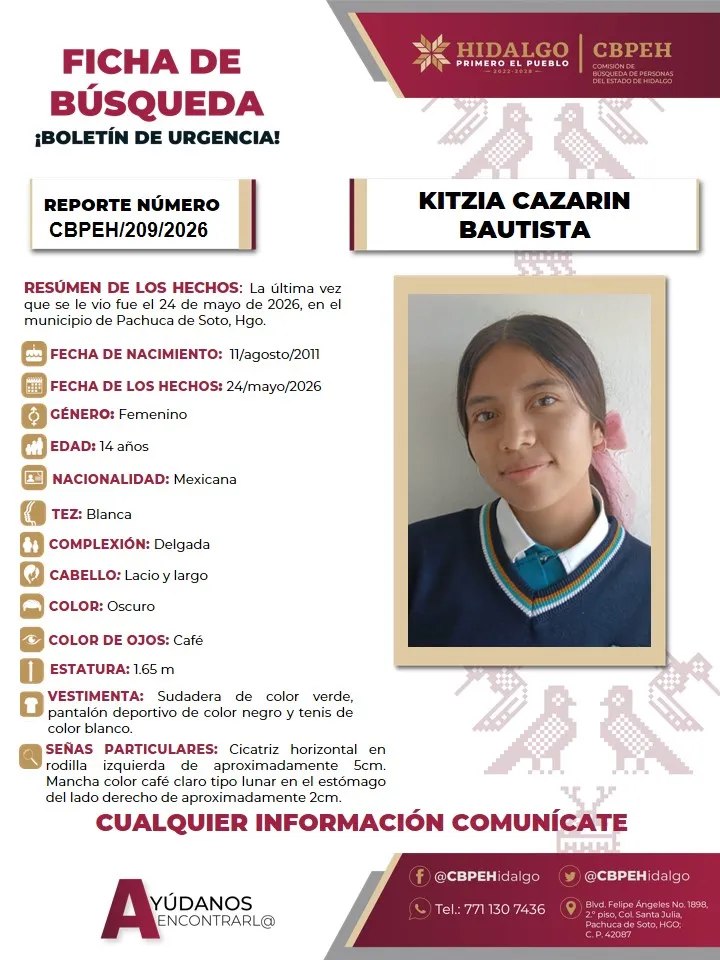 Alerta Amber: Se busca a Kitzia Cazarin Bautista de 14 años, vista por última vez en Pachuca