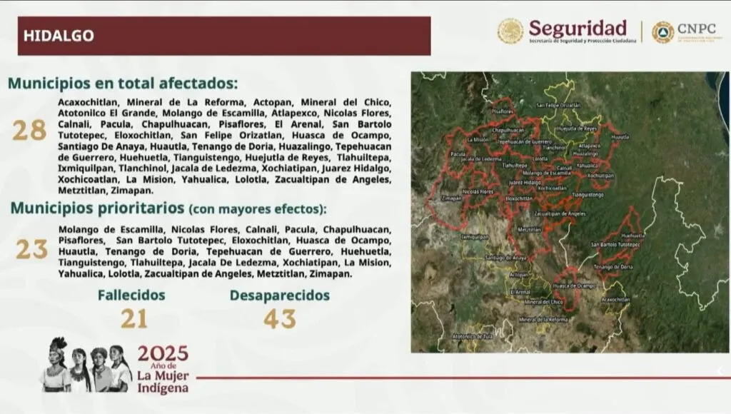 Huracán Priscila deja 21 decesos y 43 desaparecidos en Hidalgo