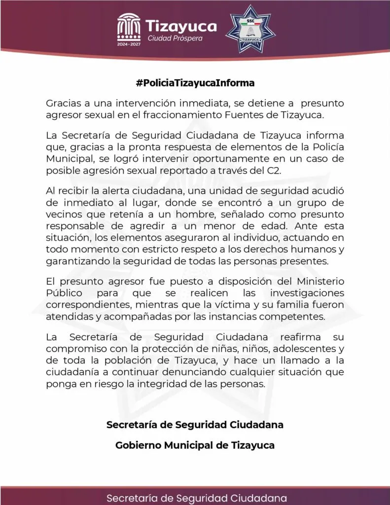 Detienen a hombre por presunto abuso en Tizayuca