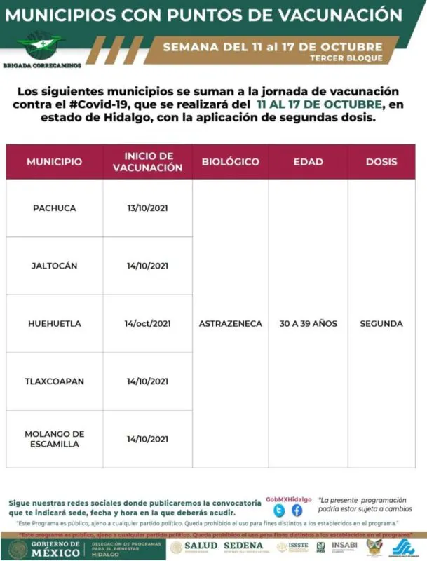 El miércoles iniciará segunda dosis de vacuna Covid para mayores de 30 en Pachuca