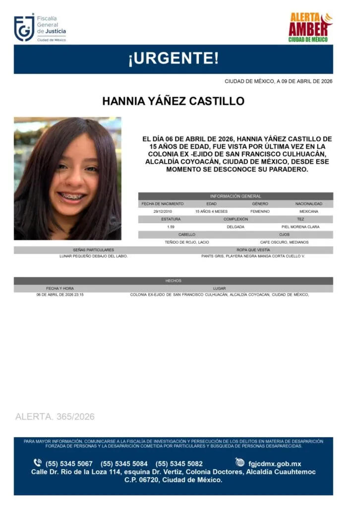 Alerta Amber: Se busca a Hannia Yáñez Castillo de 15 años, desapareció en Coyoacán, CDMX