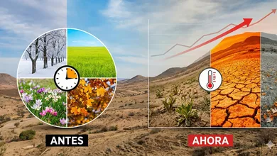 Gráfico comparativo "Antes y Ahora" que ilustra el cambio climático, mostrando cómo las cuatro estaciones equilibradas del pasado se han transformado en un clima dominado por el calor extremo, la sequía y el aumento de temperatura.