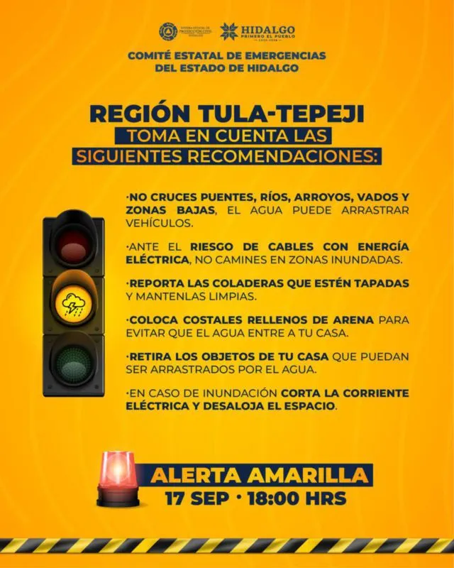 Declaran alerta amarilla en la región Tula-Tepeji