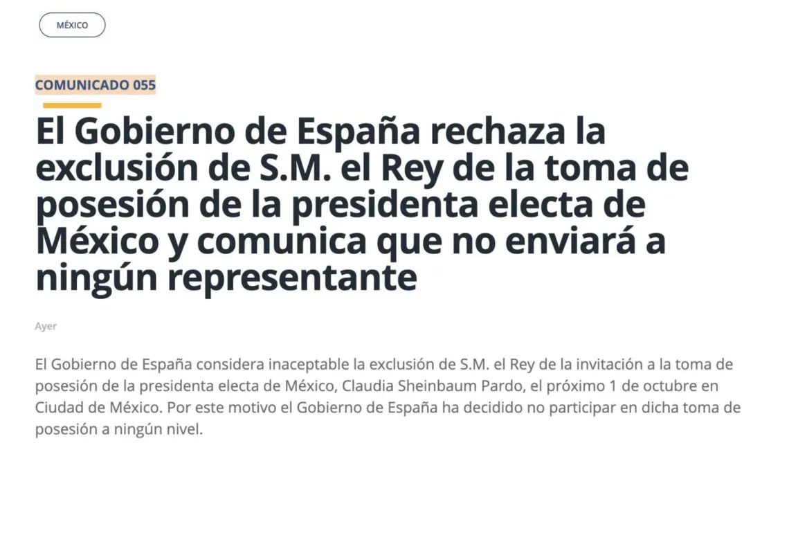 Gobierno español rechaza asistir a toma de posesión de Claudia Sheinbaum