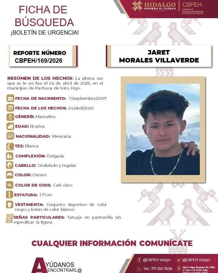 Ficha de búsqueda: En favor de Jaret Morales Villaverde de 18 años, desapareció en Pachuca