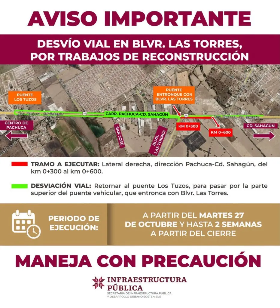 ¡CIERRE VIAL! Obras en la Pachuca–Sahagún: así será el desvío desde Las Torres