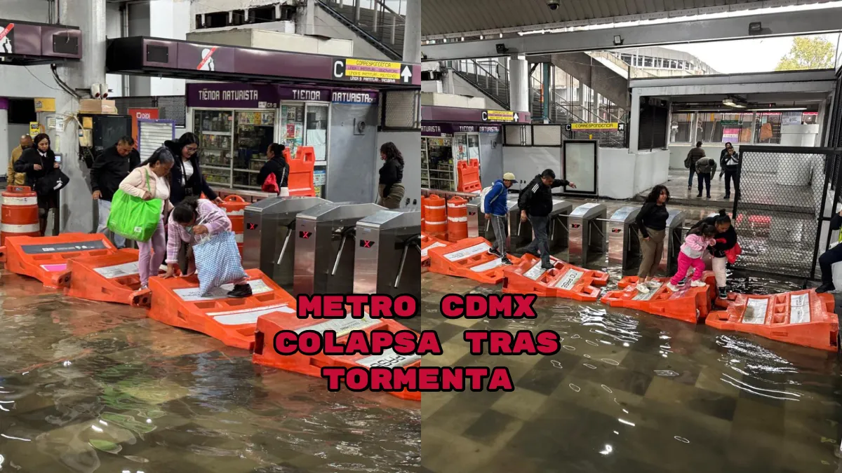 Usuarios cruzan barreras improvisadas por inundación en Pantitlán tras tormenta que afectó el Metro CDMX.