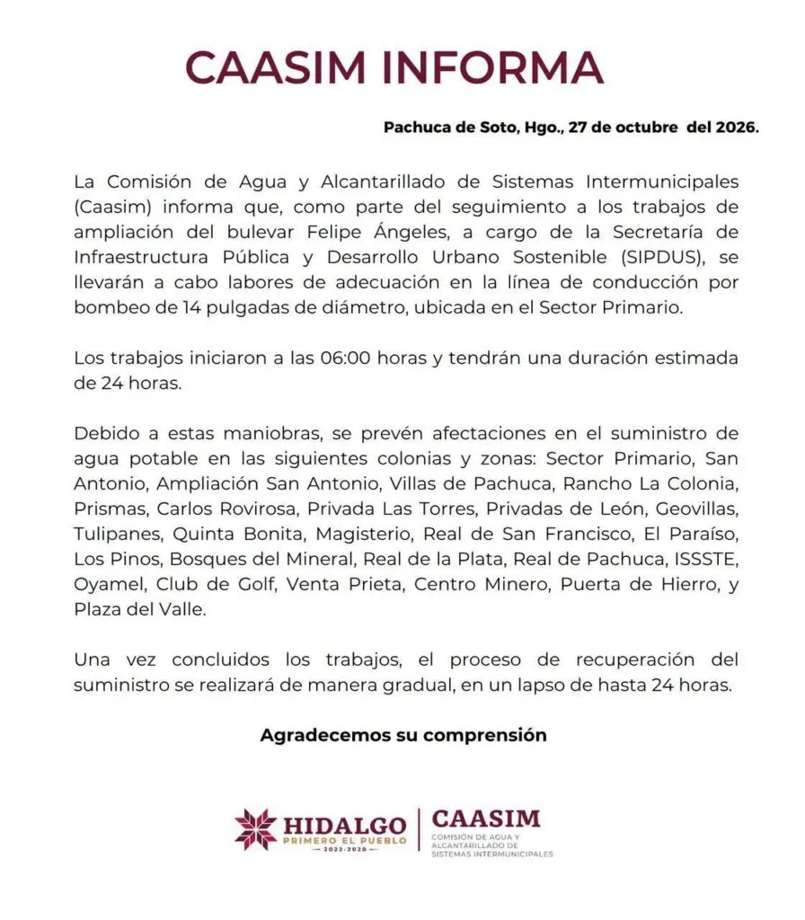 ¡ALERTA! Caasim anuncia corte de agua en Pachuca por obras en bulevar Felipe Ángeles