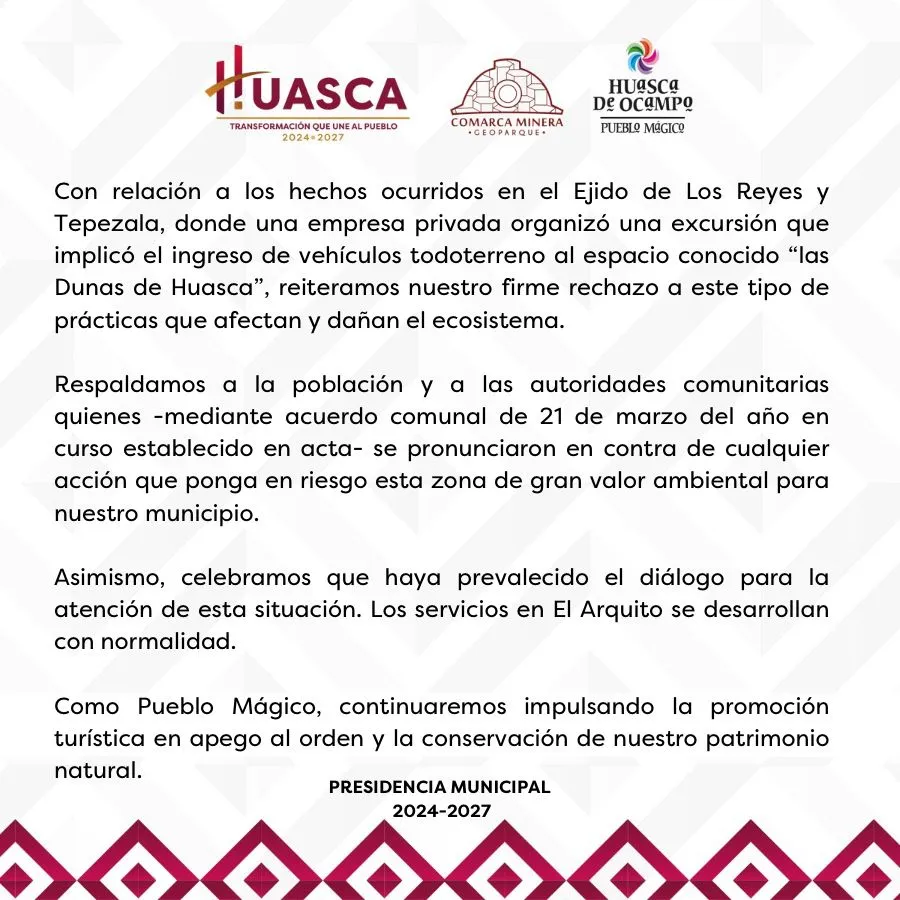 Denuncian daños en Dunas de Huasca por vehículos 4×4