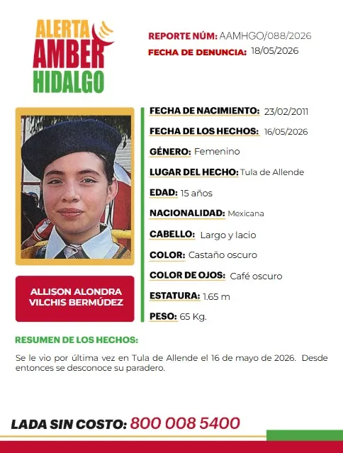 Alerta Amber Hidalgo: Buscan a Allison Alondra Vilchis, joven de 15 años desaparecida en Tula