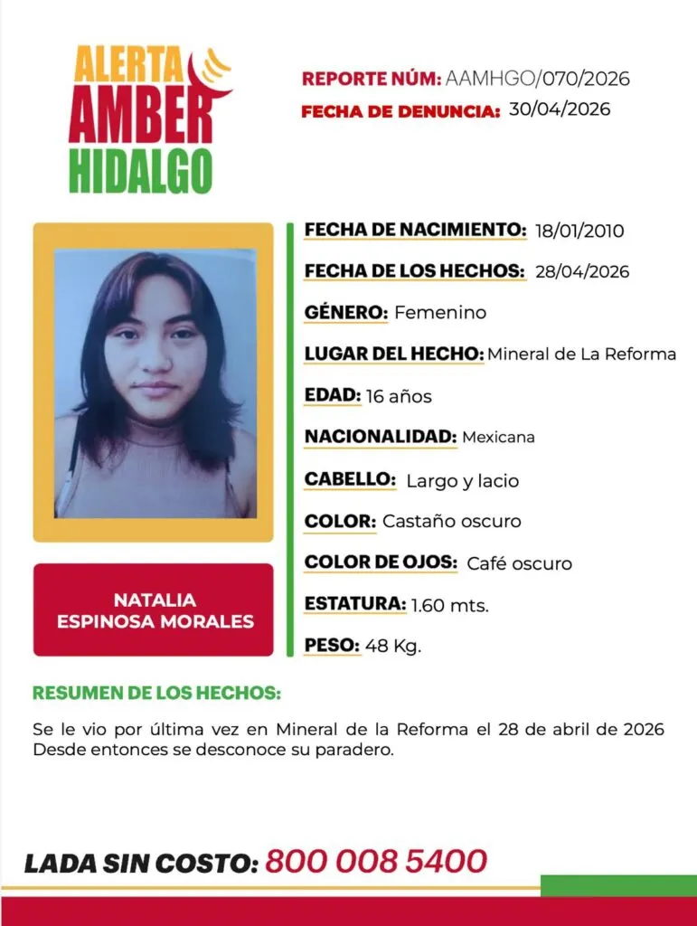 Alerta Amber Hidalgo: se busca a Natalia Espinosa Morales, desaparecida en Mineral de la Reforma