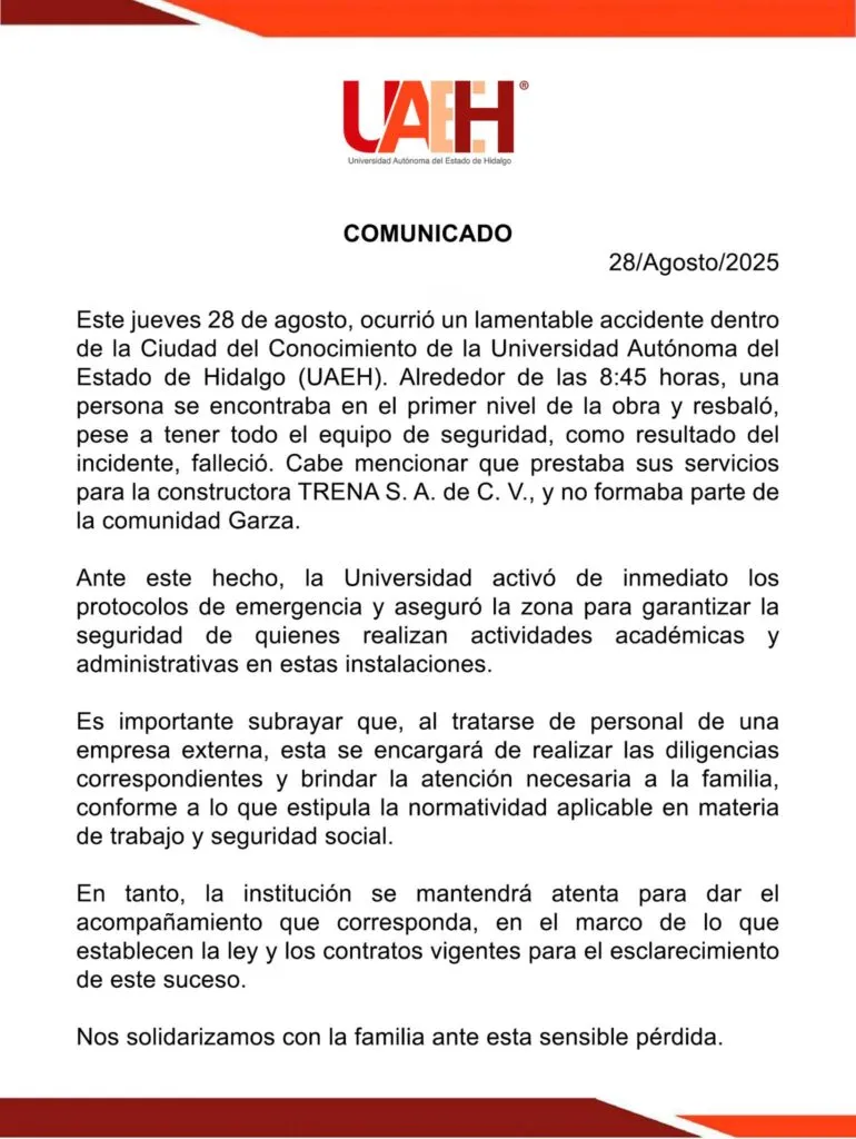 UAEH: trabajador fallecido pertenecía a constructora, no a la comunidad Garza