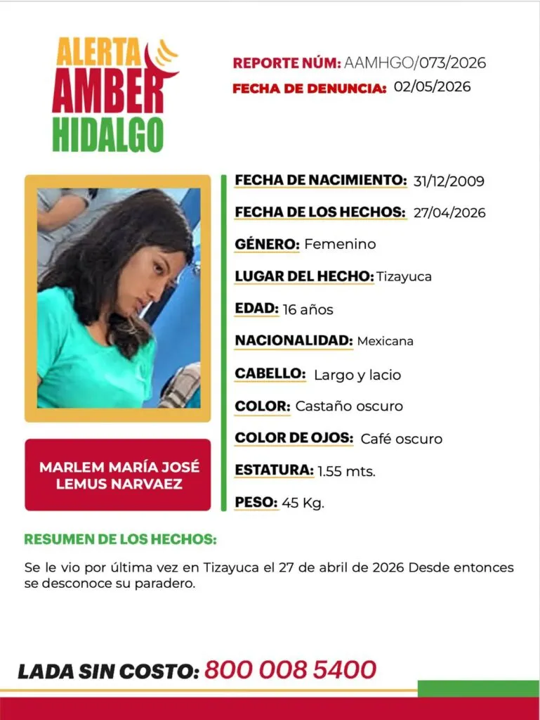 Alerta Amber Hidalgo: se busca a Marlem María José Lemus Narvaez, desaparecida en Tizayuca