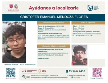 Urgente: Buscan a Cristofer Emanuel Mendoza Flores, menor de 16 años visto por última vez en Iztacalco