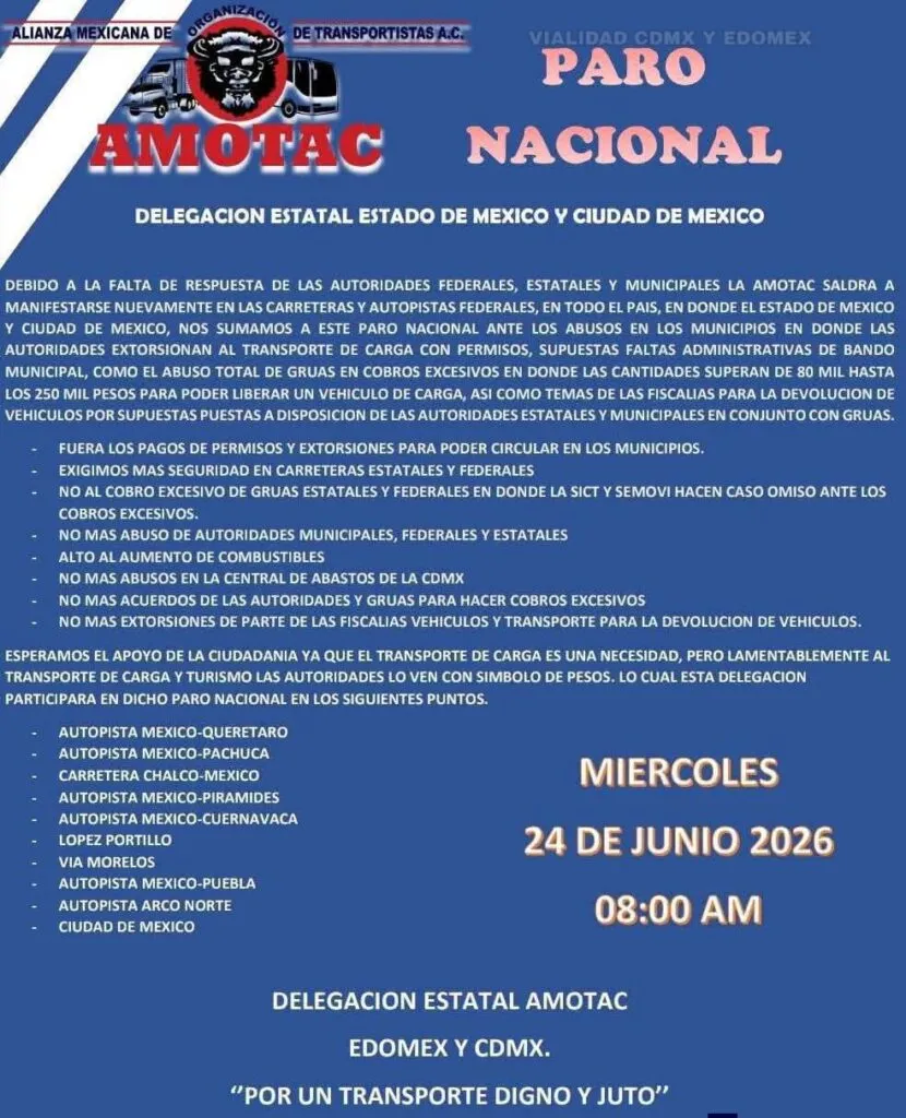 Bloqueo en la autopista México-Pachuca: anuncian paro nacional esta semana