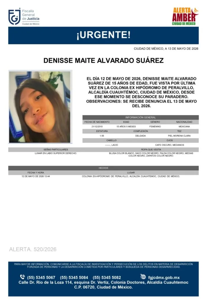 Alerta Amber: Se busca a Denisse Maite Alvarado Suárez de 15 años, desapareció en CDMX