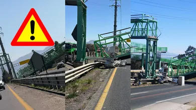 Colapsa puente en Hidalgo luego de que una grúa lo impactara en la “Bajada de la Muerte”. No hay lesionados, pero hay cierre vial y videos del momento.