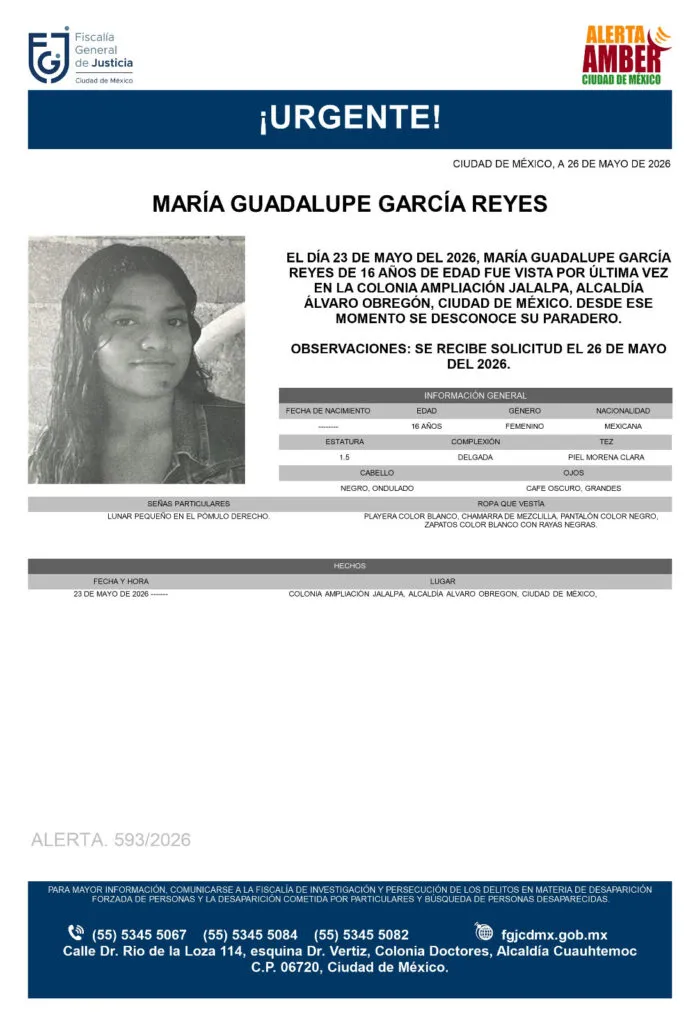 Alerta Amber: Se busca a María Guadalupe García Reyes de 16 años, desapareció en CDMX