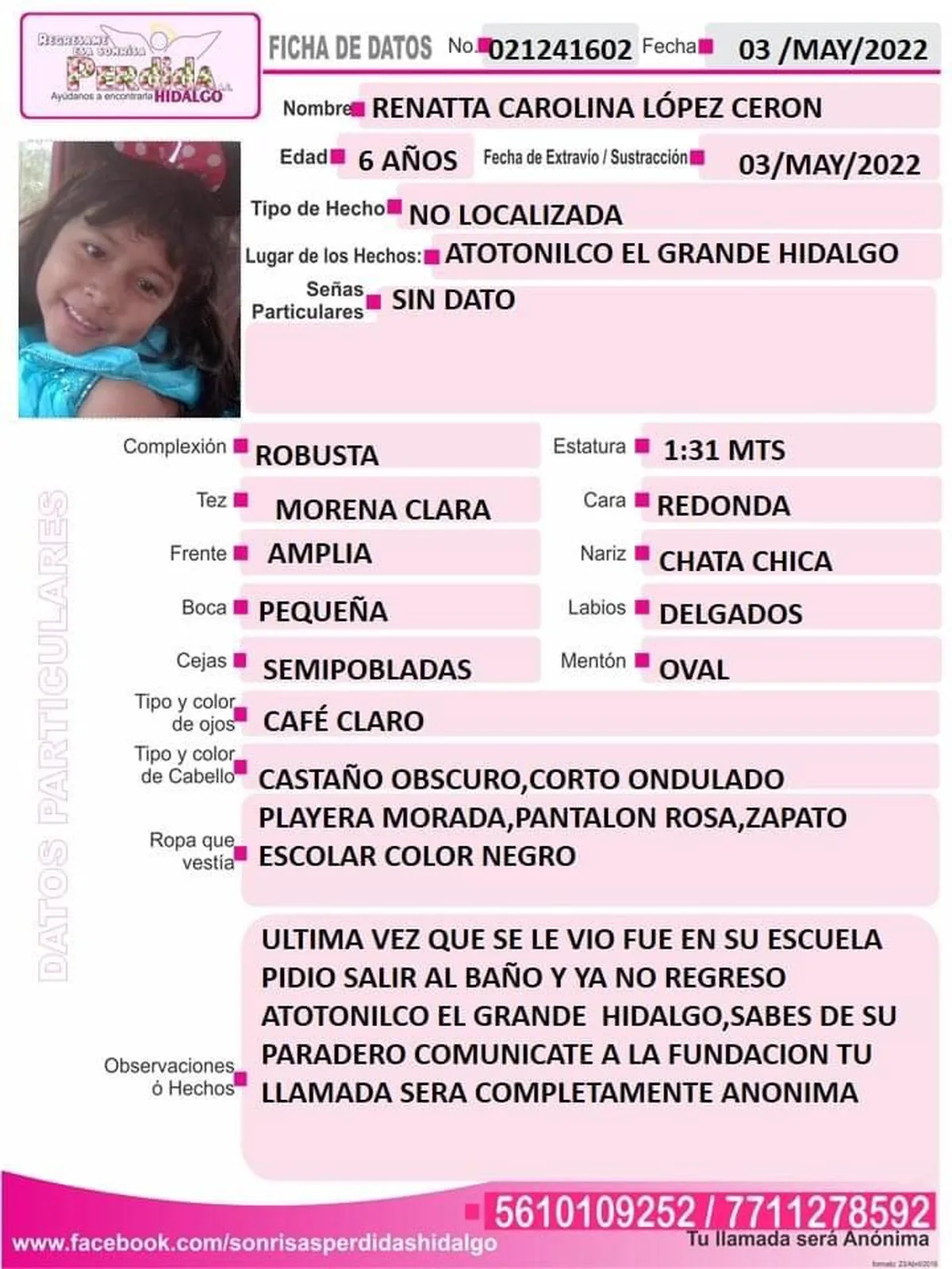 Sustraen a menor de escuela en Atotonilco El Grande; salió de su salón al baño y no regresó