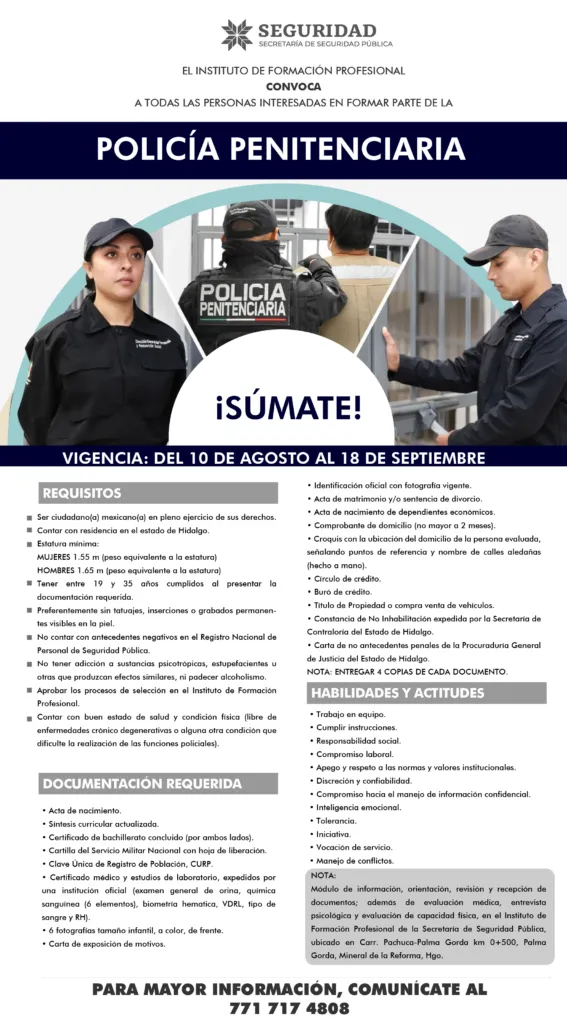 ¡Oportunidad de empleo en seguridad! SSPH abre vacantes para laborar en penales y juzgados de Hidalgo