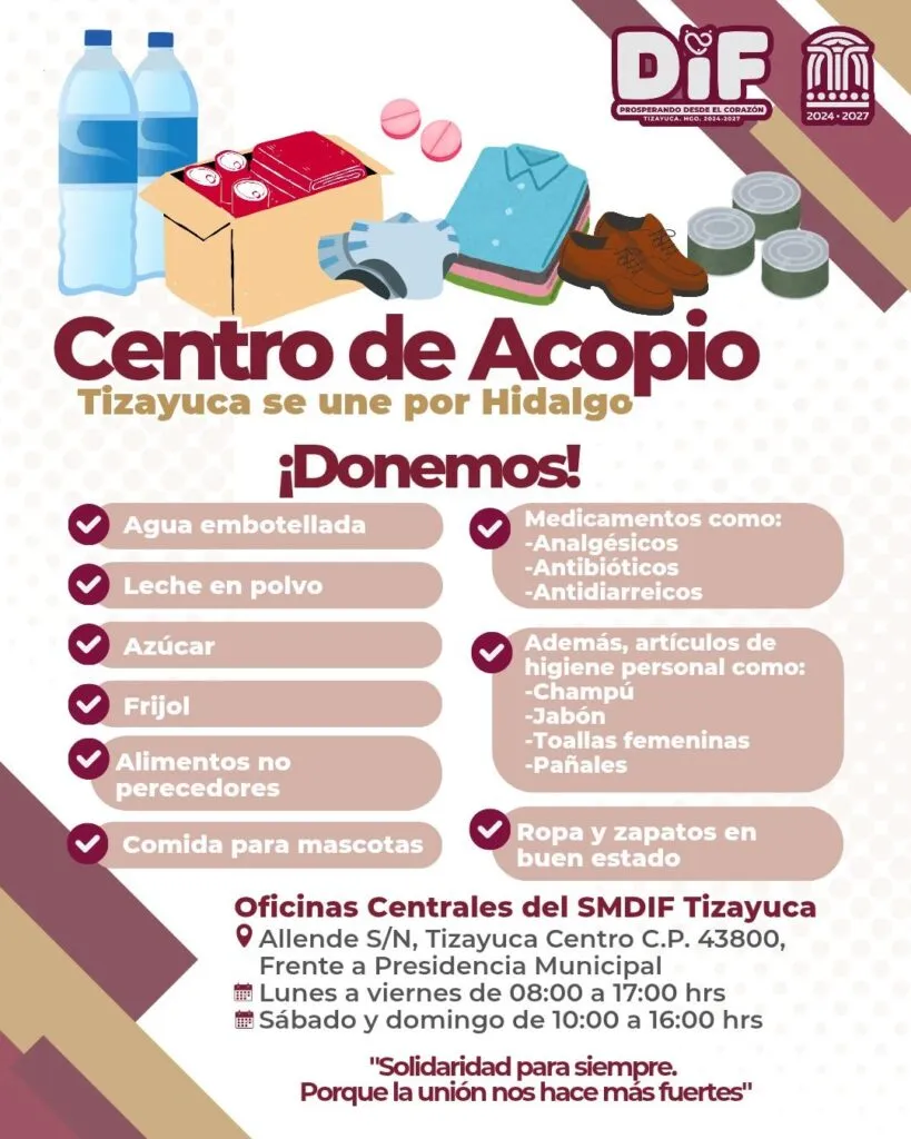 Tizayuca activa centro de acopio para apoyar a damnificados en Hidalgo