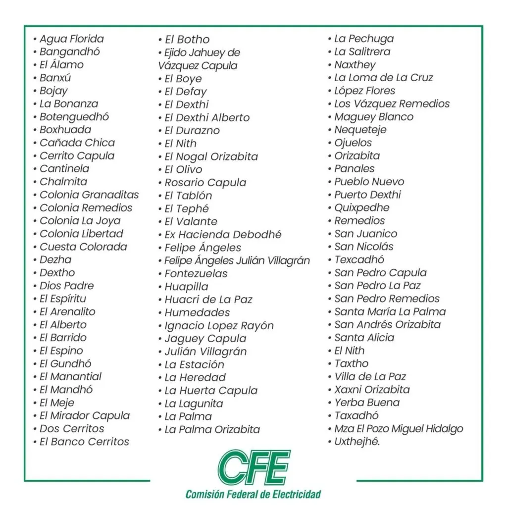 Comunidades de Ixmiquilpan se quedarán sin luz por mantenimiento de la CFE