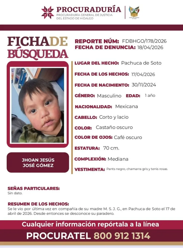 Alerta Amber: Se busca a Jhoan Jesús José Gómez, de 1 año, desapareció en Pachuca
