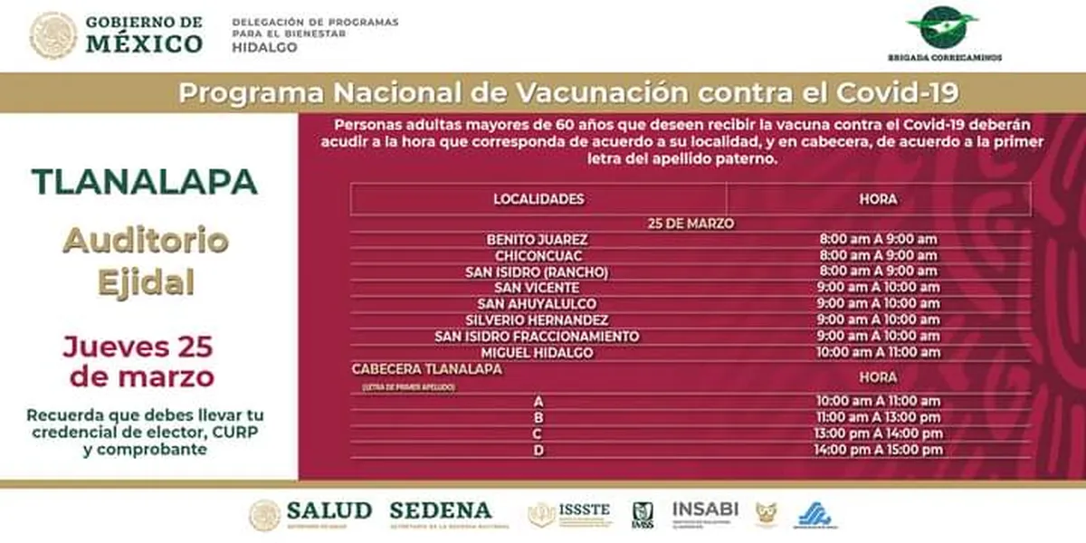 Adultos mayores de Tlanalapa mañana empiezan a vacunarlos