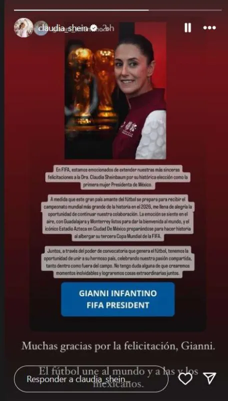 Claudia Sheinbaum agradece felicitación de Gianni Infantino presidente de la FIFA