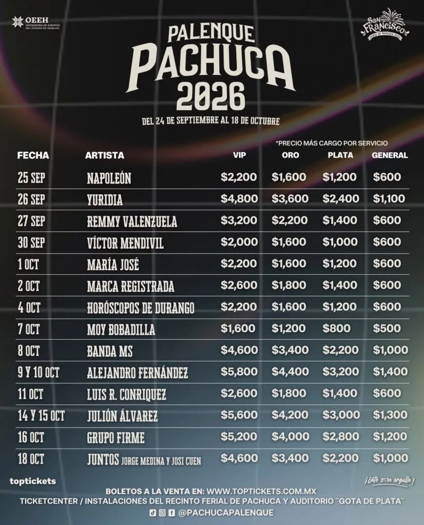 ¿Cuánto cuesta ir al Palenque Pachuca 2026? Consulta la lista completa de precios