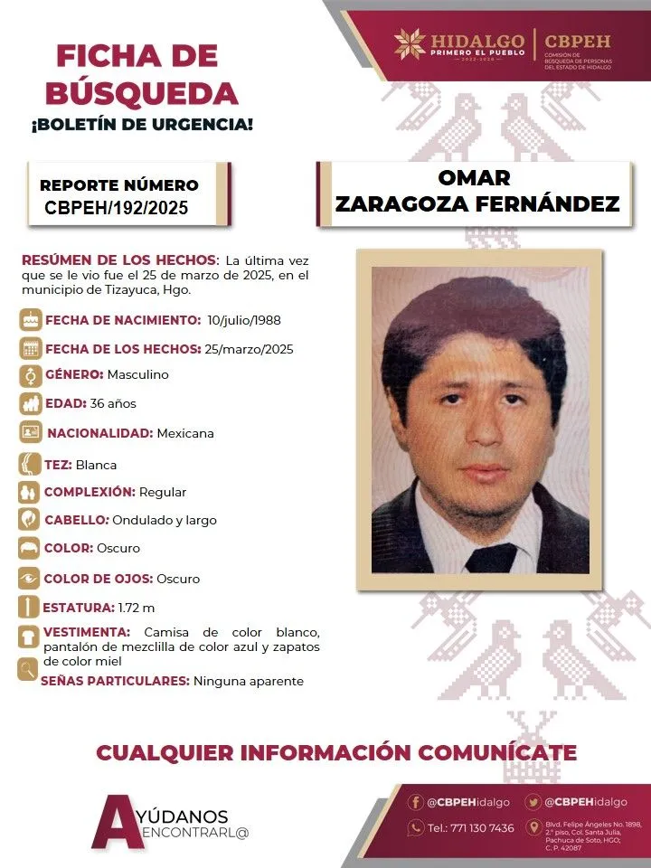 Buscan a Omar Zaragoza Fernández en Hidalgo