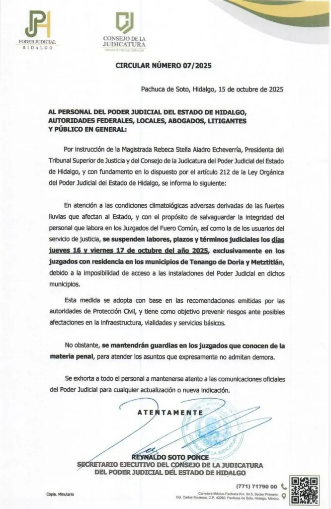 Juzgados de Hidalgo detienen actividades, solo atenderán asuntos penales urgentes